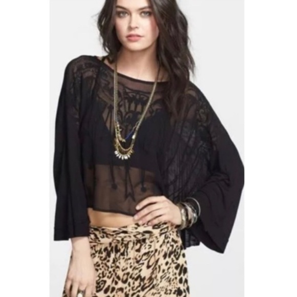 Free People Tops - Free People Black Sheer Front Blouse with Embroidery & Wide Long Sleeves